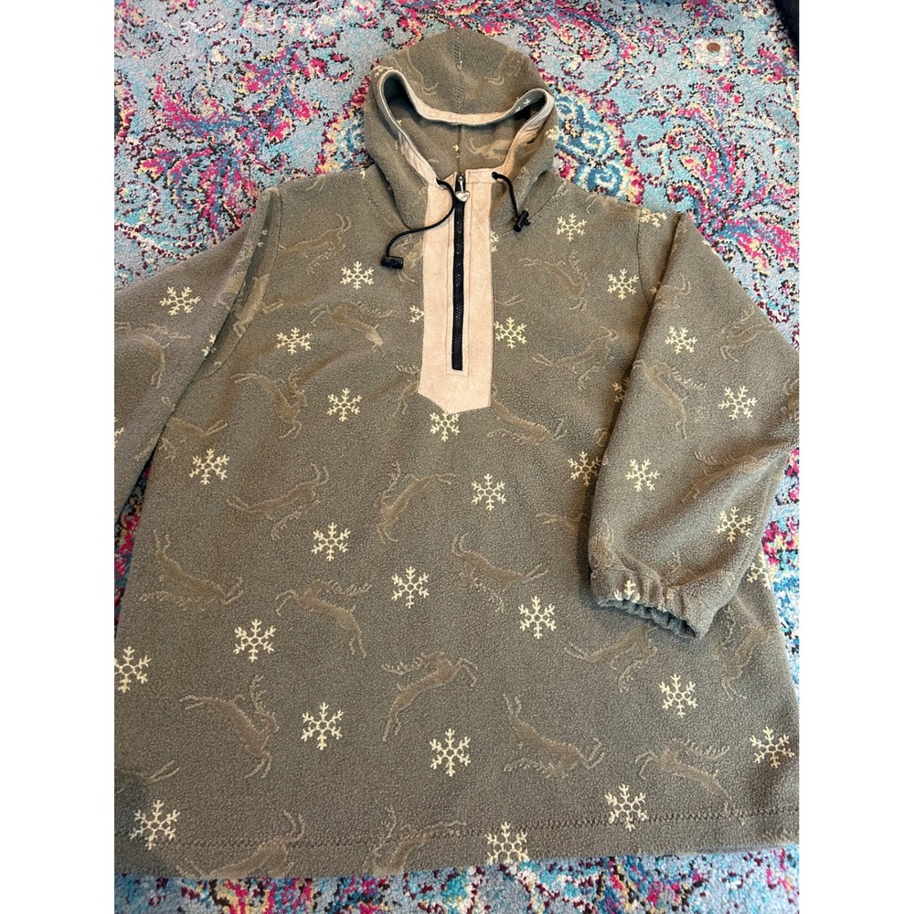 Vintage Obermeyer Reindeer Snowflake Fleece Hoodie Quarter Zip‎ tan Large
